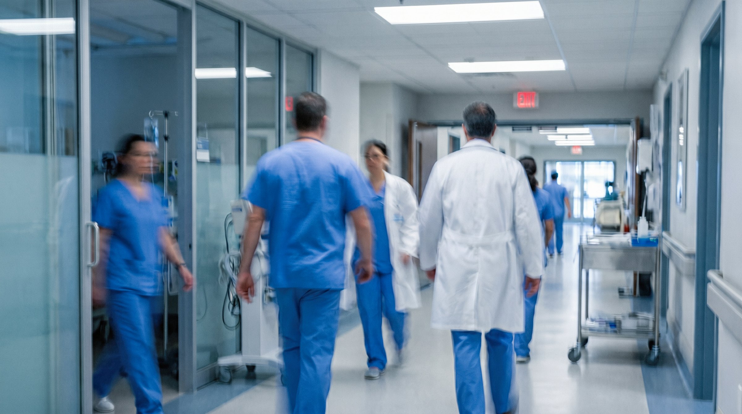 Clinical staff moving through a hospital corridor